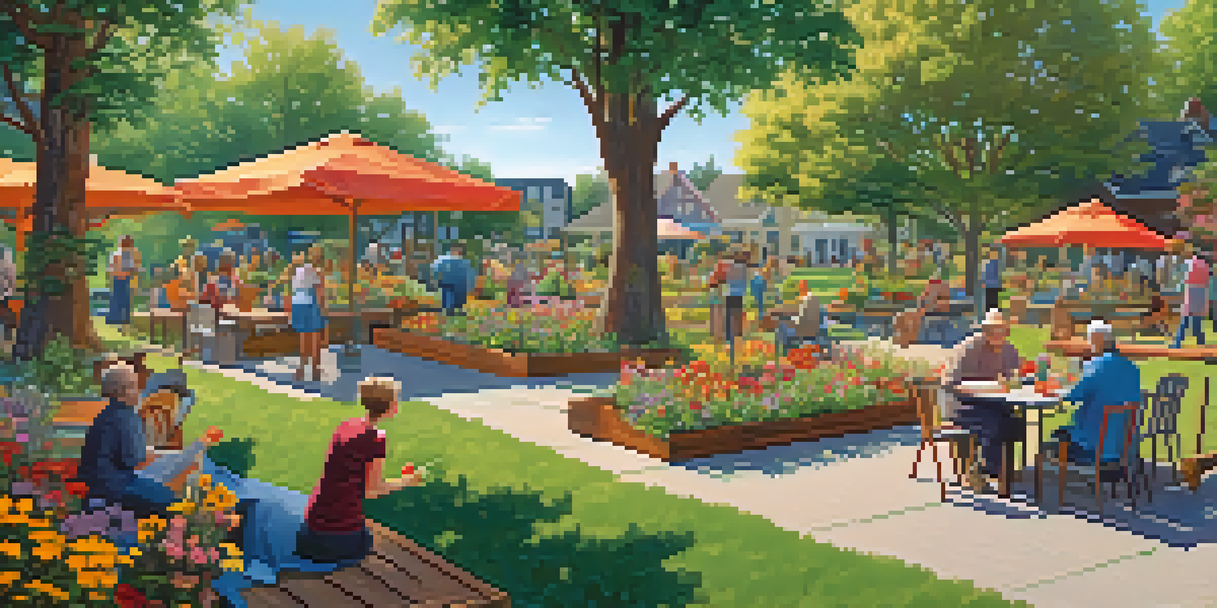 A community garden filled with flowers where diverse tenants are enjoying a picnic and socializing in a sunny environment.