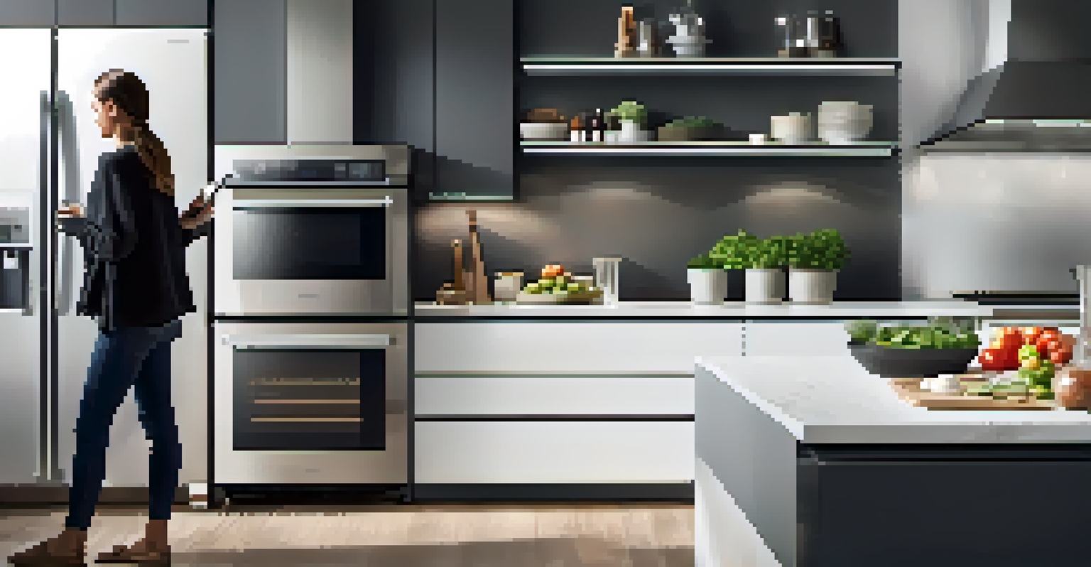 A modern kitchen with smart appliances, featuring a person using a smartphone to adjust settings.