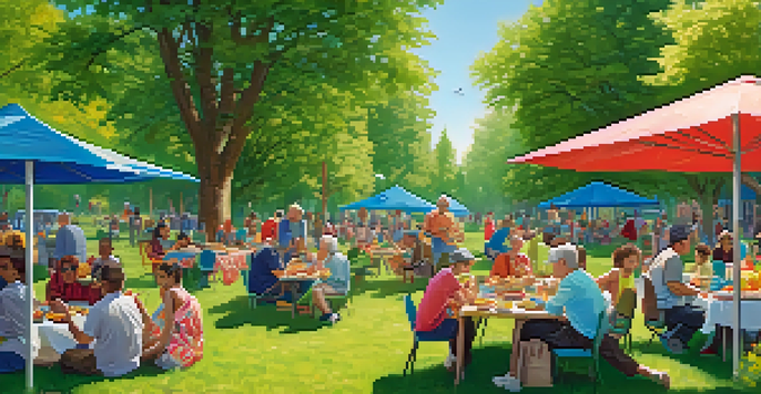 A lively community event in a park with diverse tenants sharing food and playing games under a clear blue sky.