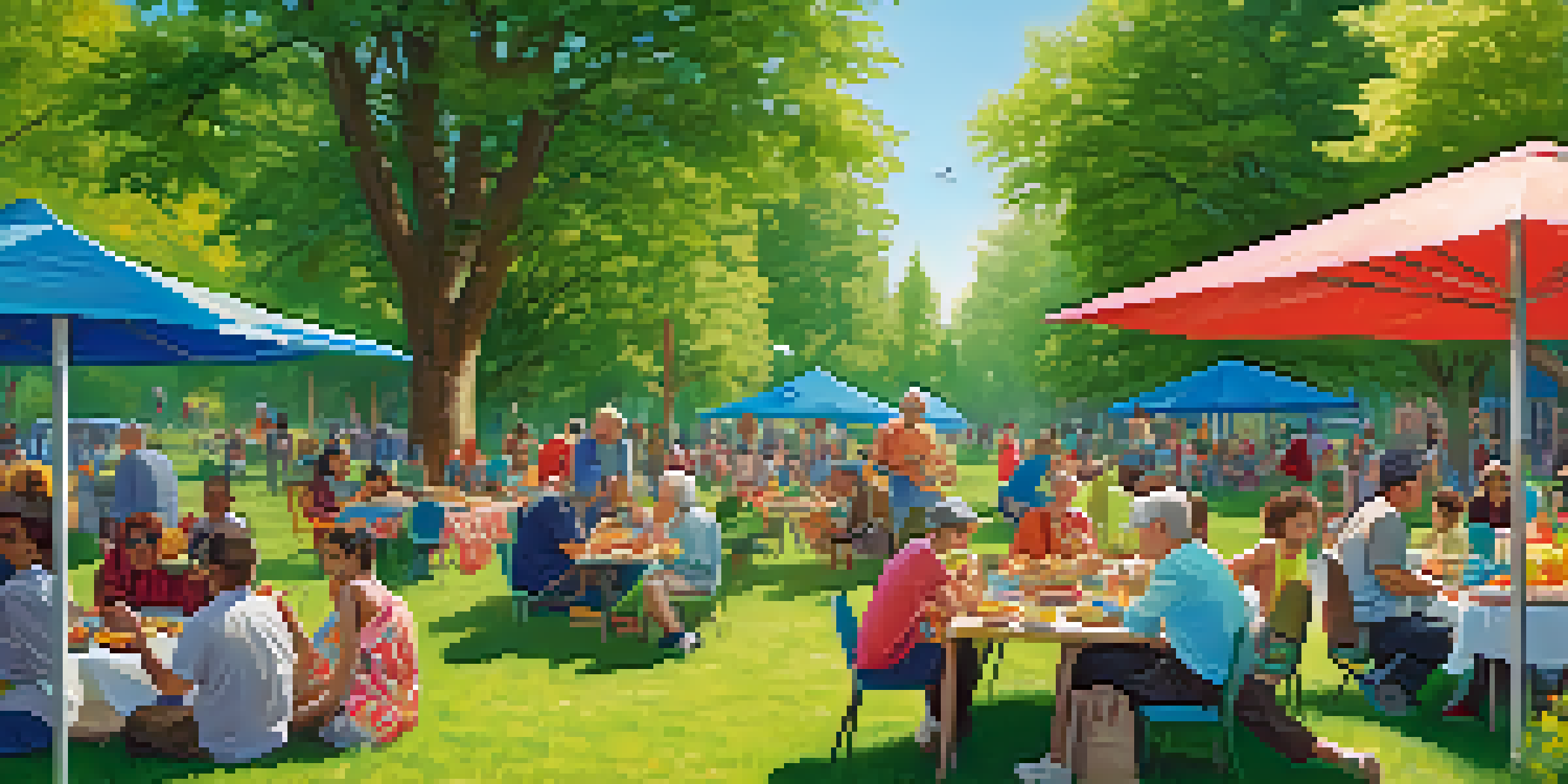 A lively community event in a park with diverse tenants sharing food and playing games under a clear blue sky.