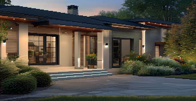 A modern home with security cameras on the walls, illuminated by outdoor lights, surrounded by a well-maintained garden.