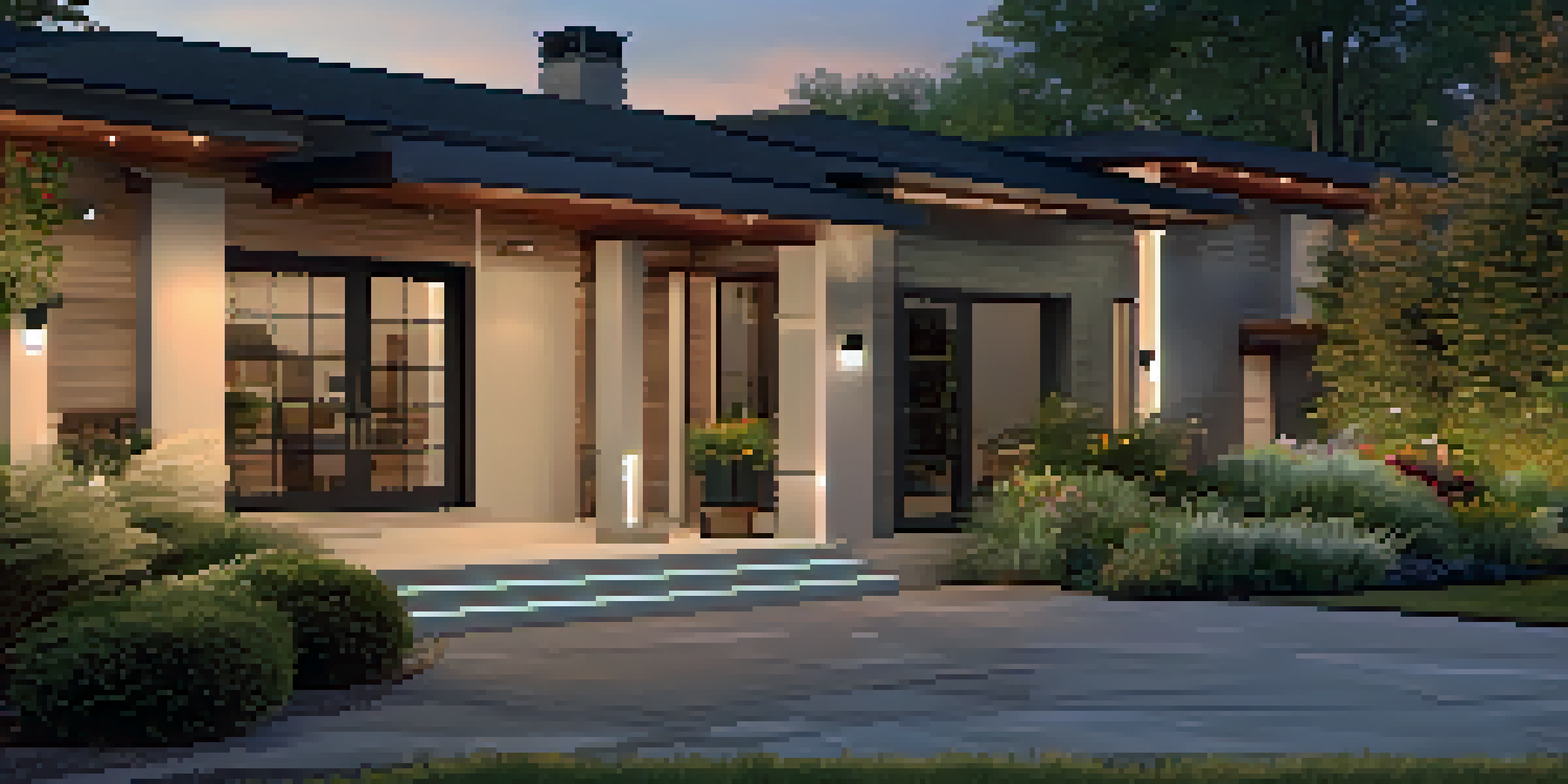 A modern home with security cameras on the walls, illuminated by outdoor lights, surrounded by a well-maintained garden.