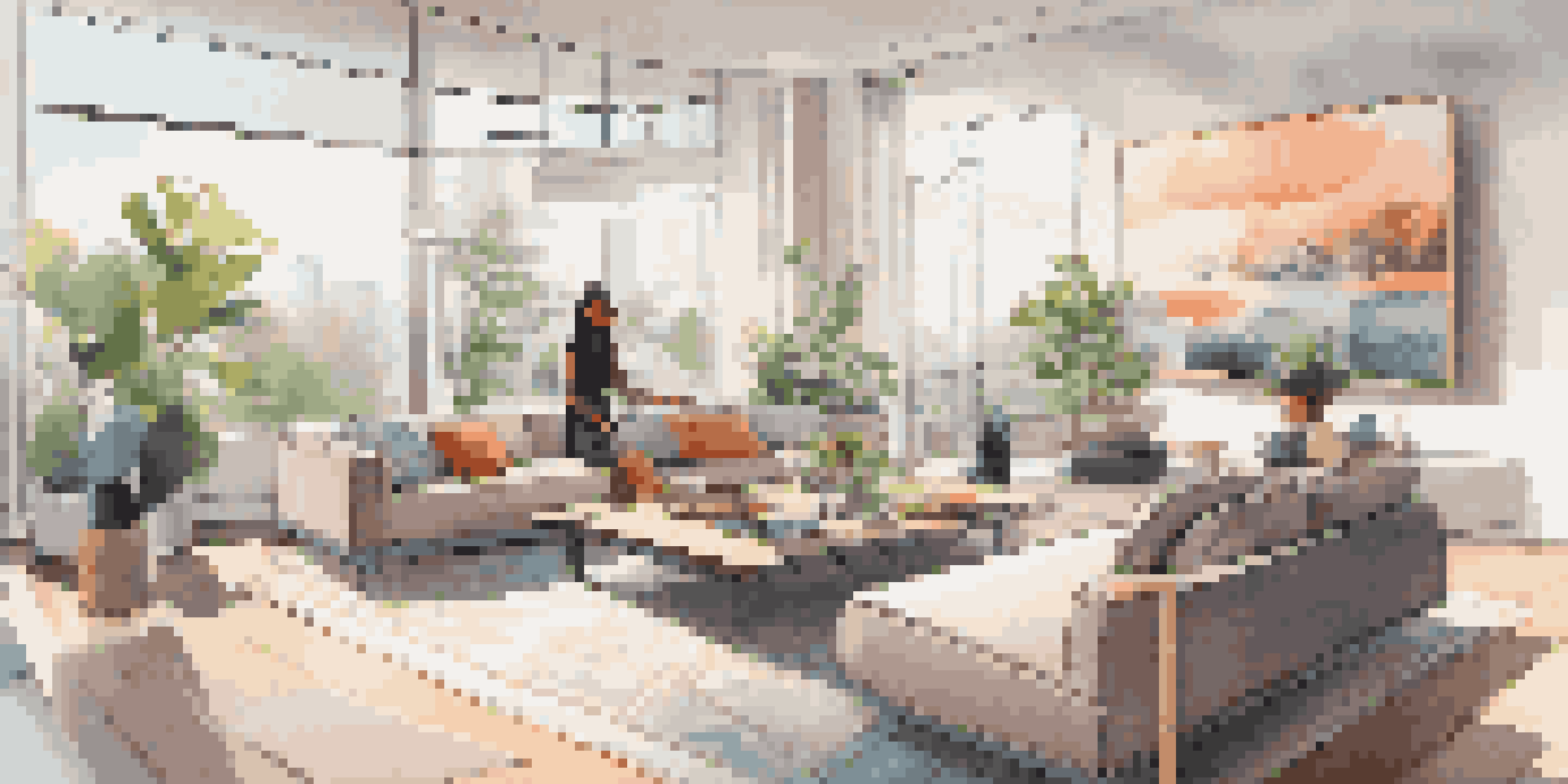 A person wearing virtual reality goggles in a modern living room, interacting with virtual furniture and decor.
