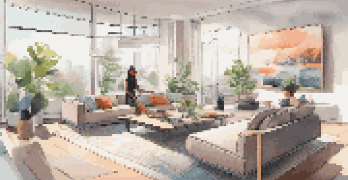 A person wearing virtual reality goggles in a modern living room, interacting with virtual furniture and decor.