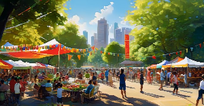 A lively park filled with people enjoying a cultural festival, with colorful decorations and food stalls.