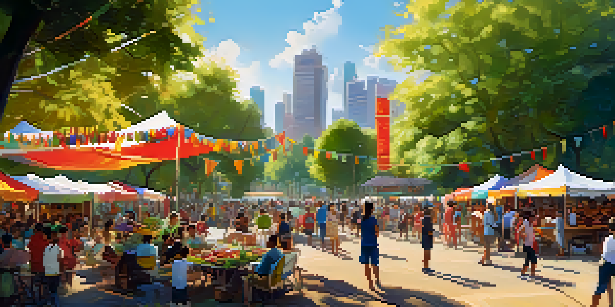 A lively park filled with people enjoying a cultural festival, with colorful decorations and food stalls.