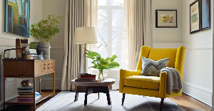 A warm and inviting living room with a bright yellow armchair, neutral walls, and natural light filtering through curtains.