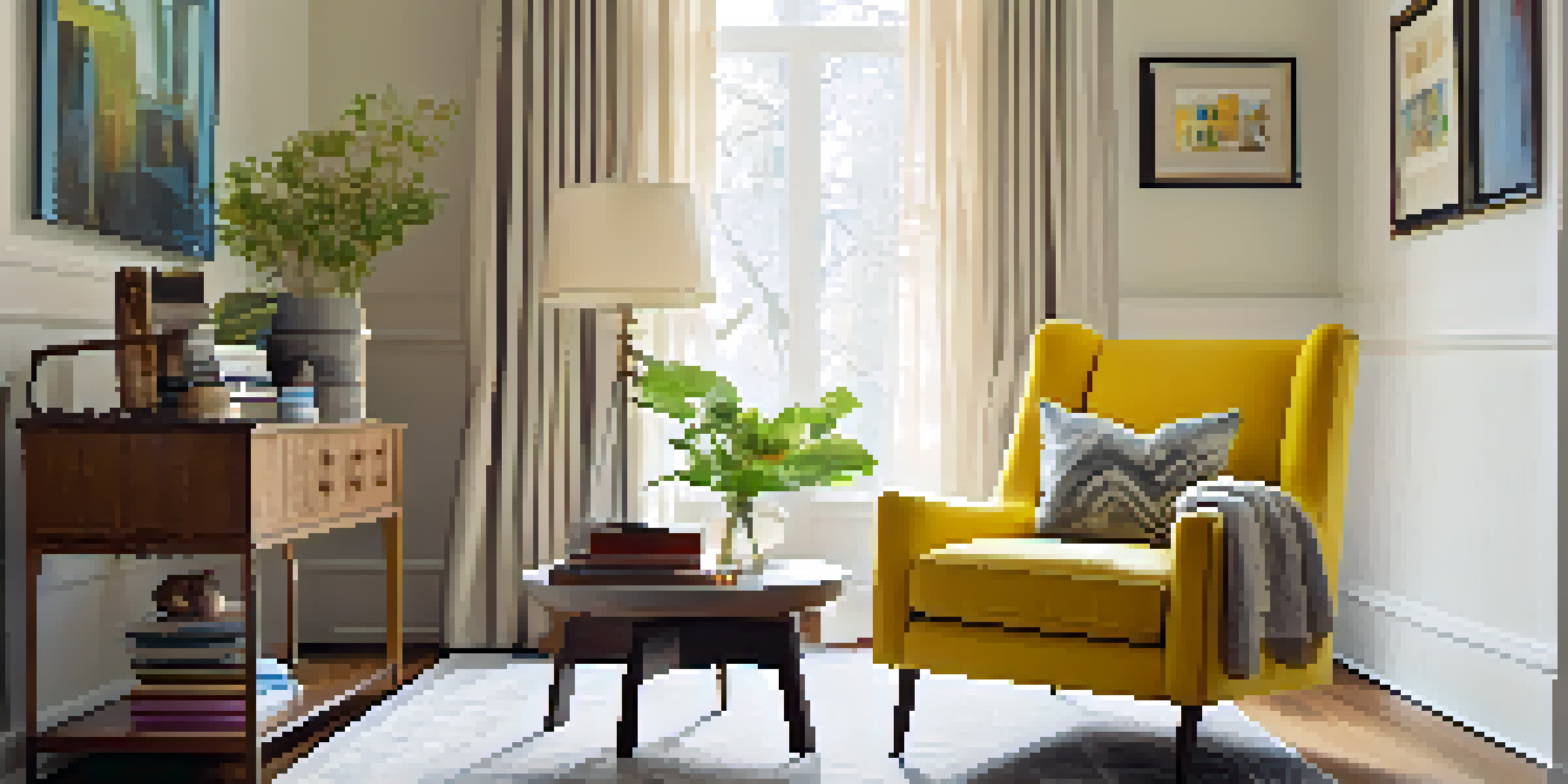 A warm and inviting living room with a bright yellow armchair, neutral walls, and natural light filtering through curtains.