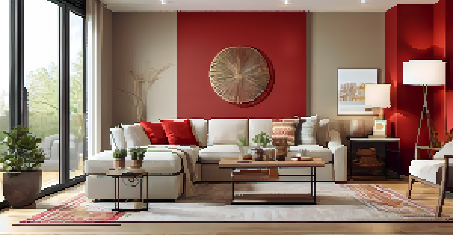 A cozy living room with a bold red wall and neutral furniture.