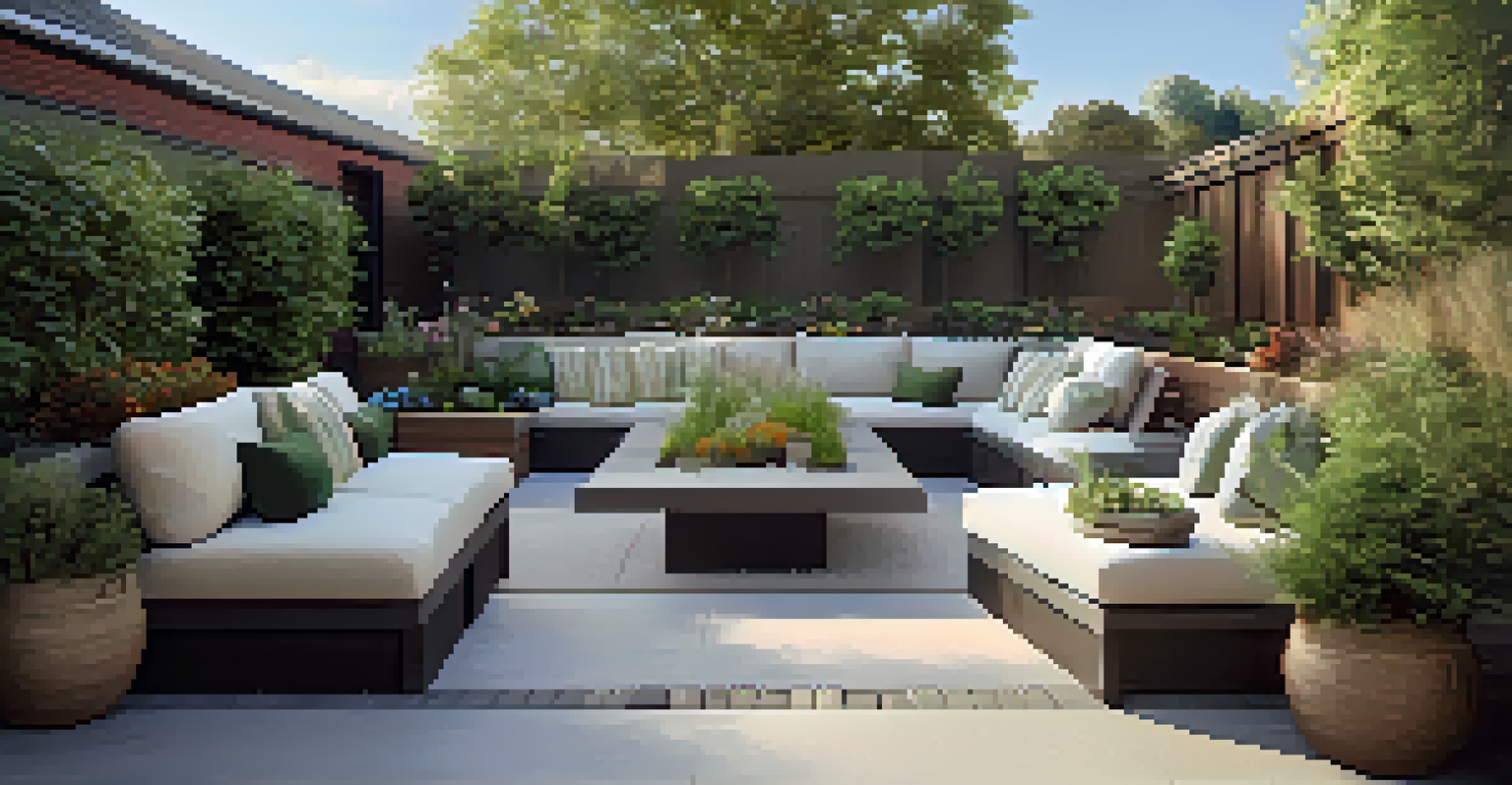 A tranquil outdoor patio connected to an open living area, designed for seniors with seating and garden beds.