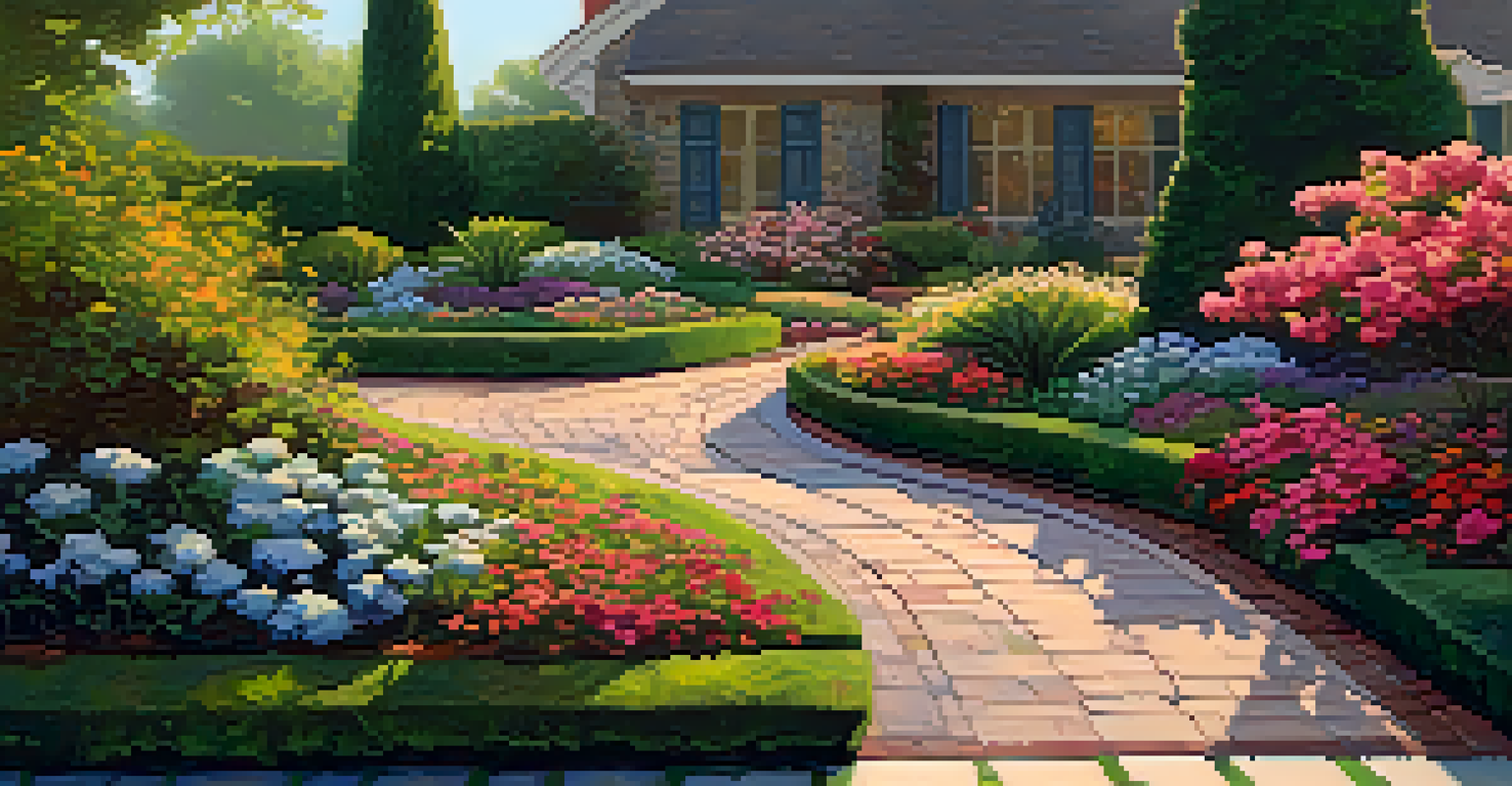 An elegant paver pathway in a landscaped garden, bordered by colorful flowers under soft evening light.