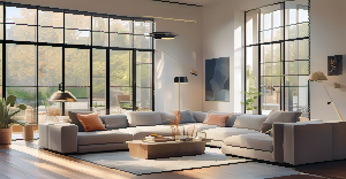 A stylish living room showcasing smart technology, including a smart thermostat, smart lighting, and a security system, with bright natural light and modern furniture.