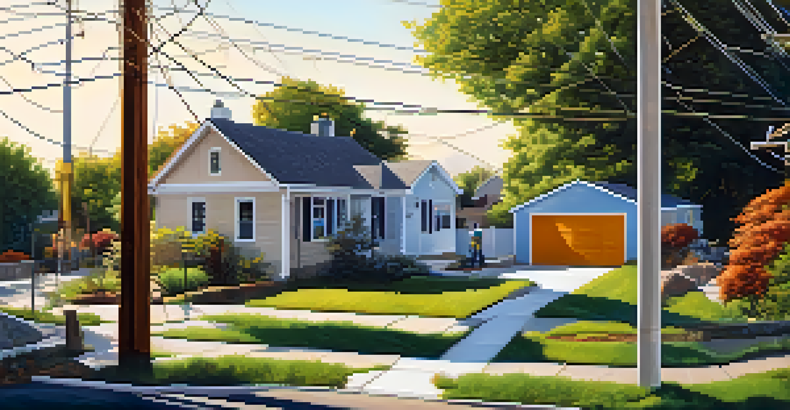 An illustration of easements showing a utility worker accessing power lines and a homeowner with a clear path to their garden, highlighting neighborly cooperation.