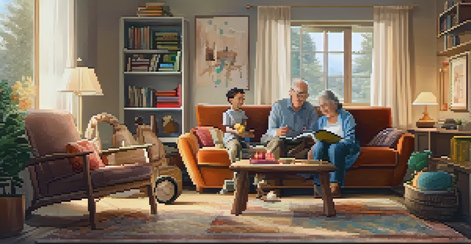 A multi-generational family gathered in a cozy living room, showcasing a grandmother, father, and children engaging in various activities.