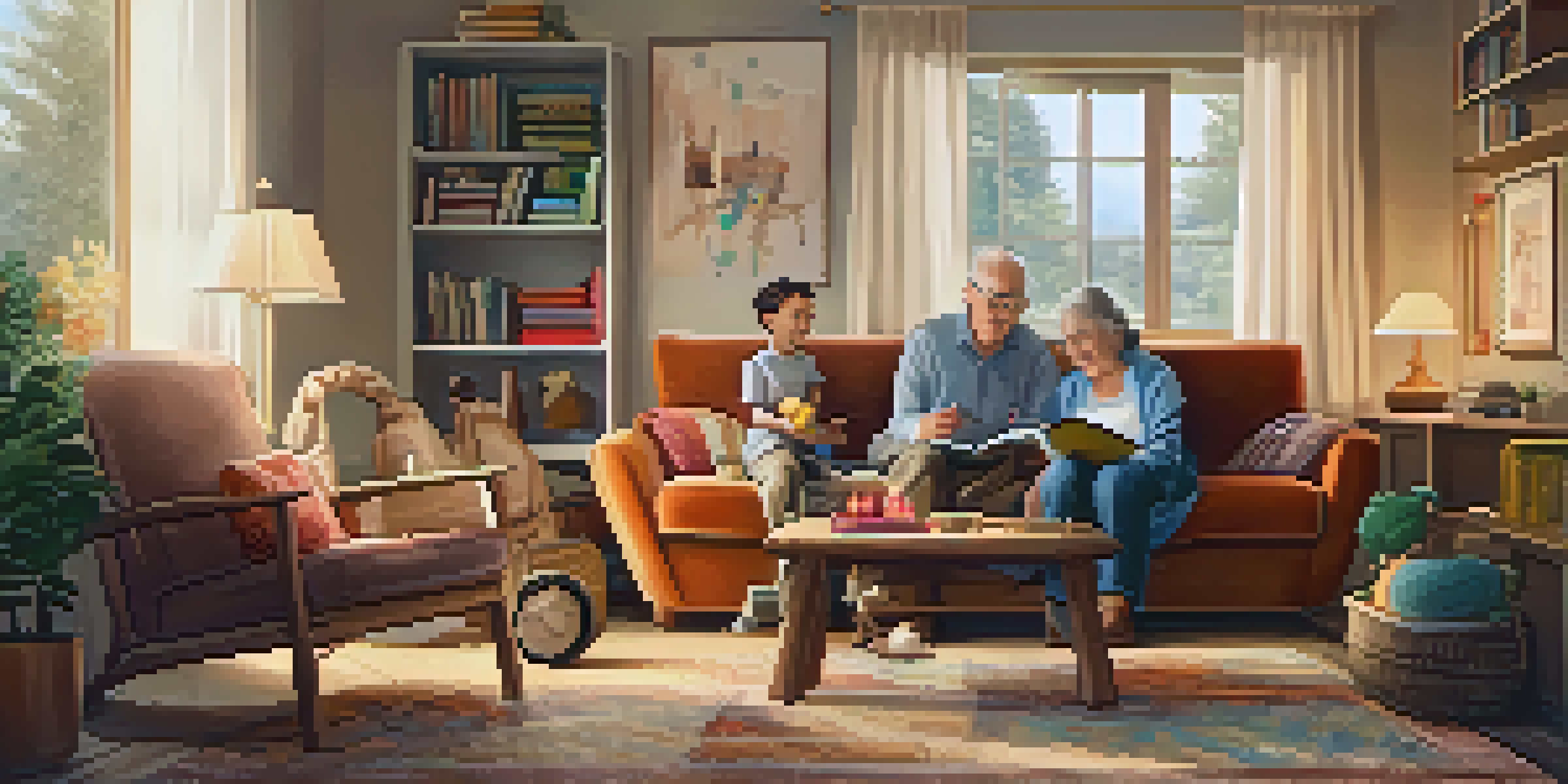 A multi-generational family gathered in a cozy living room, showcasing a grandmother, father, and children engaging in various activities.
