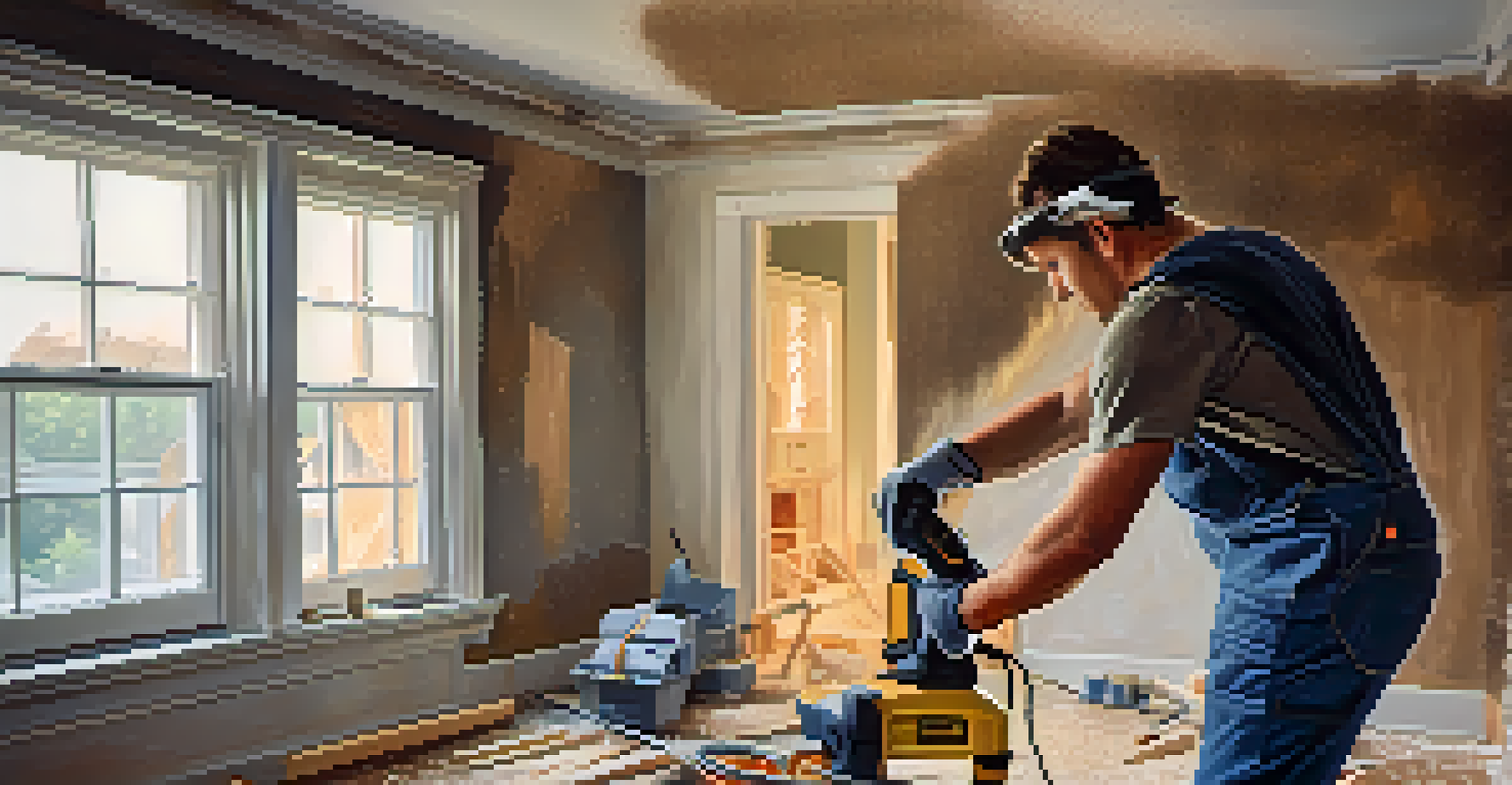 A close-up of a homeowner using a power tool with safety gear on, surrounded by renovation materials and illuminated dust particles.