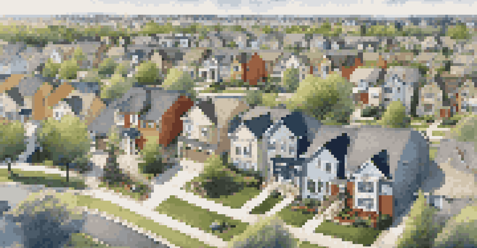 An aerial view of a modern suburban neighborhood with homes, parks, and tree-lined streets.