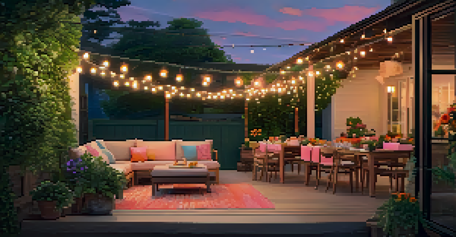A summer patio illuminated by string lights, surrounded by flowers and greenery at sunset.