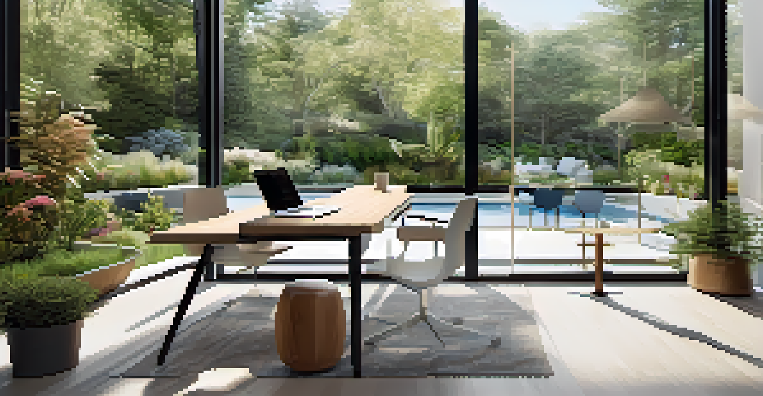 An innovative outdoor workspace with sliding glass doors to a garden, featuring modern furniture and a stylish desk with a laptop.