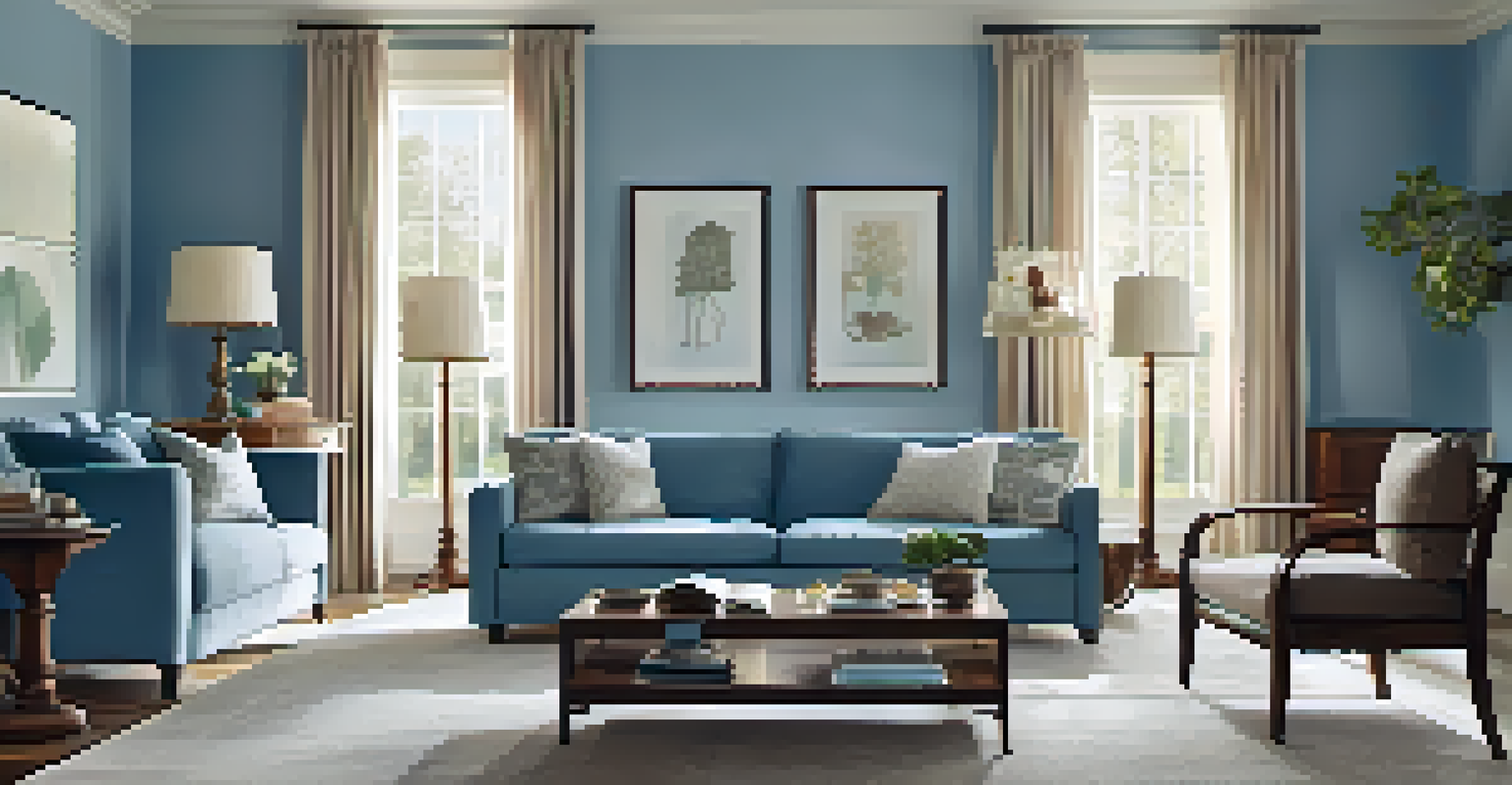 A living room with a soft blue wall, warm wooden furniture, and cozy textiles, illuminated by afternoon light.
