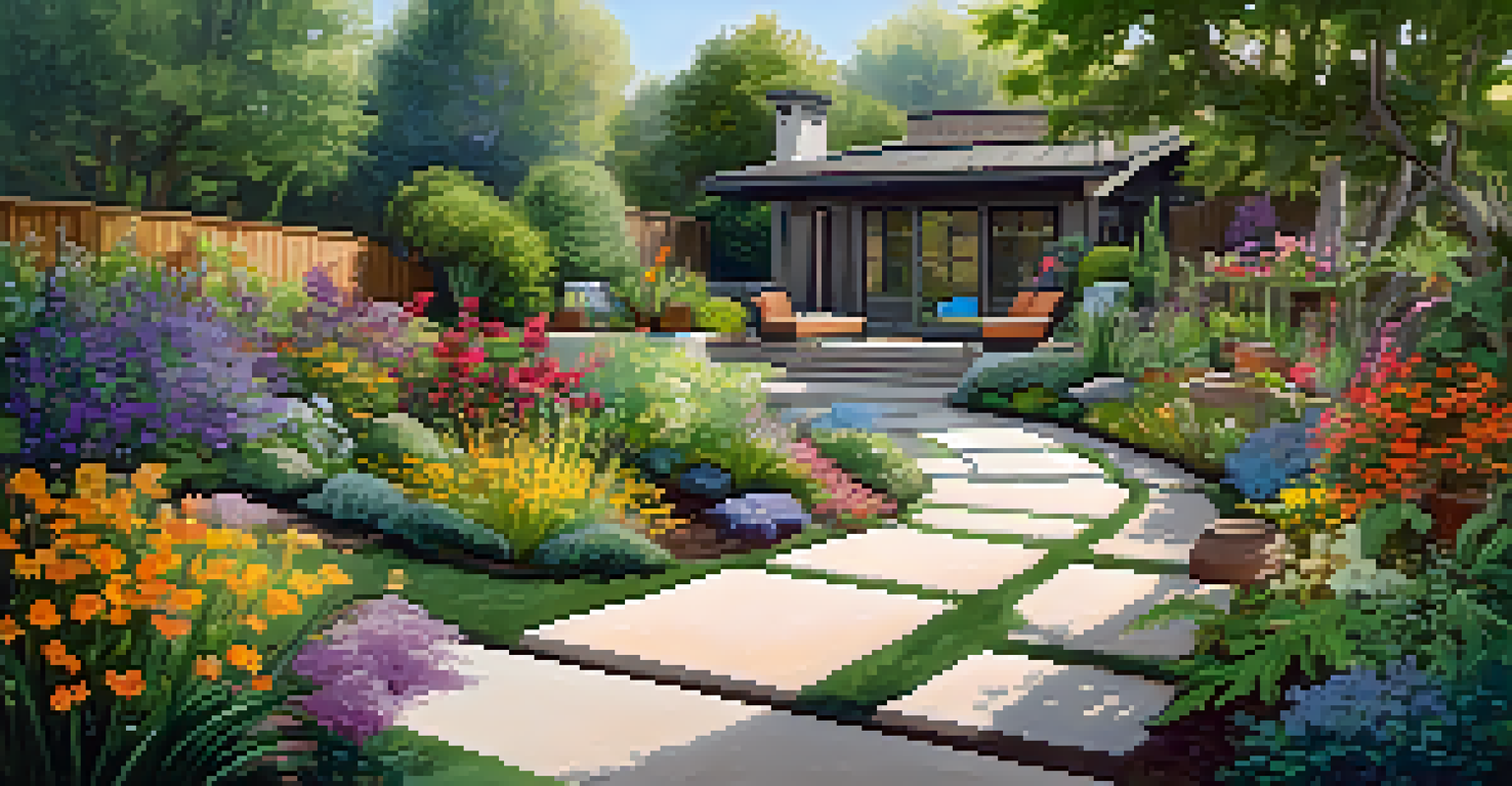 A vibrant garden with native plants and a charming pathway, illustrating a sustainable landscape.