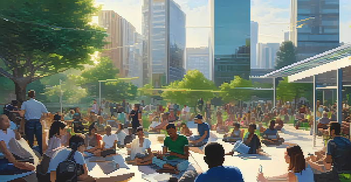 A lively community gathering in an urban park with people using technology and discussing ideas, surrounded by green trees and modern buildings.