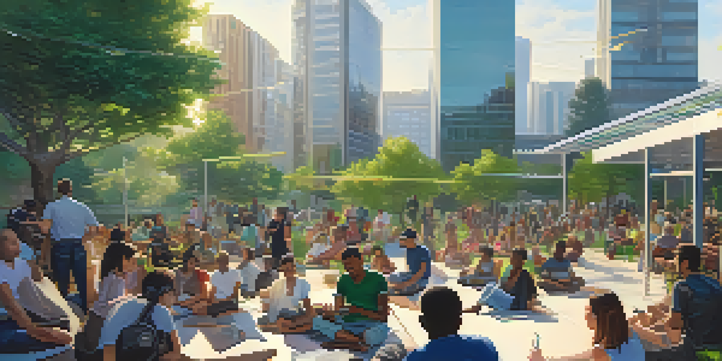 A lively community gathering in an urban park with people using technology and discussing ideas, surrounded by green trees and modern buildings.