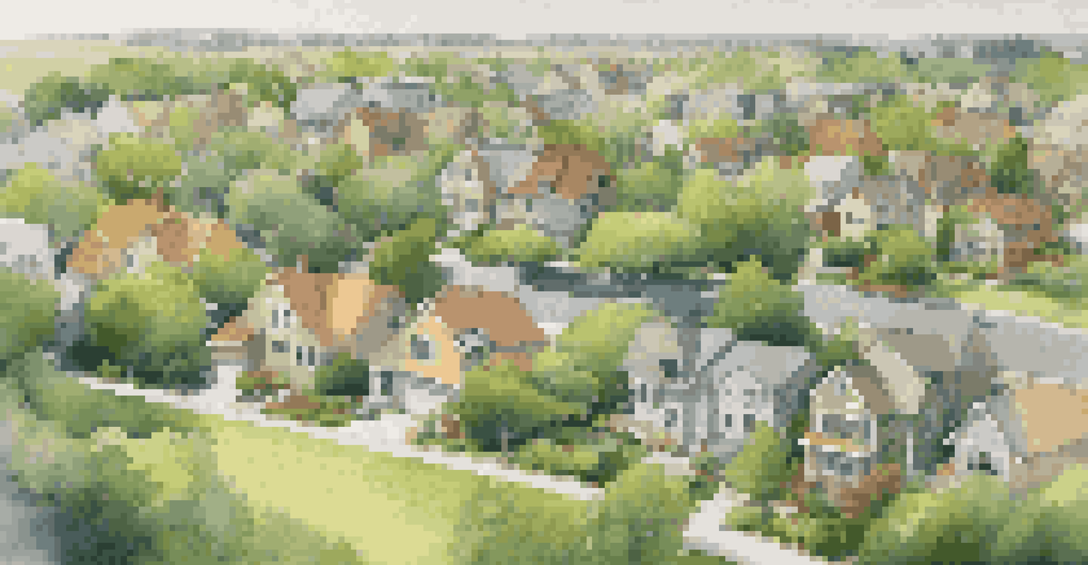A bird's-eye view of a neighborhood with solar panels and wind turbines, surrounded by greenery.