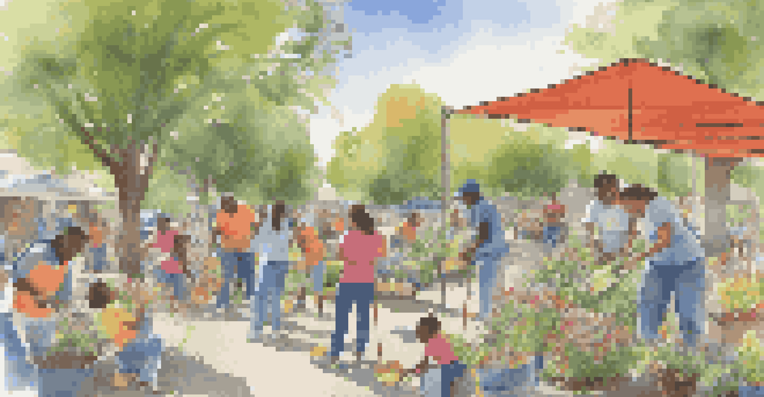 A vibrant outdoor community workshop focused on neighborhood beautification, with families volunteering and participating in clean-up activities.