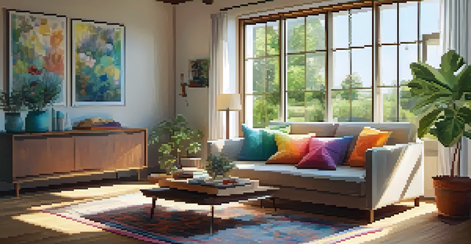 A cozy living room with a large window, comfortable sofa, wooden coffee table, and warm afternoon sunlight.