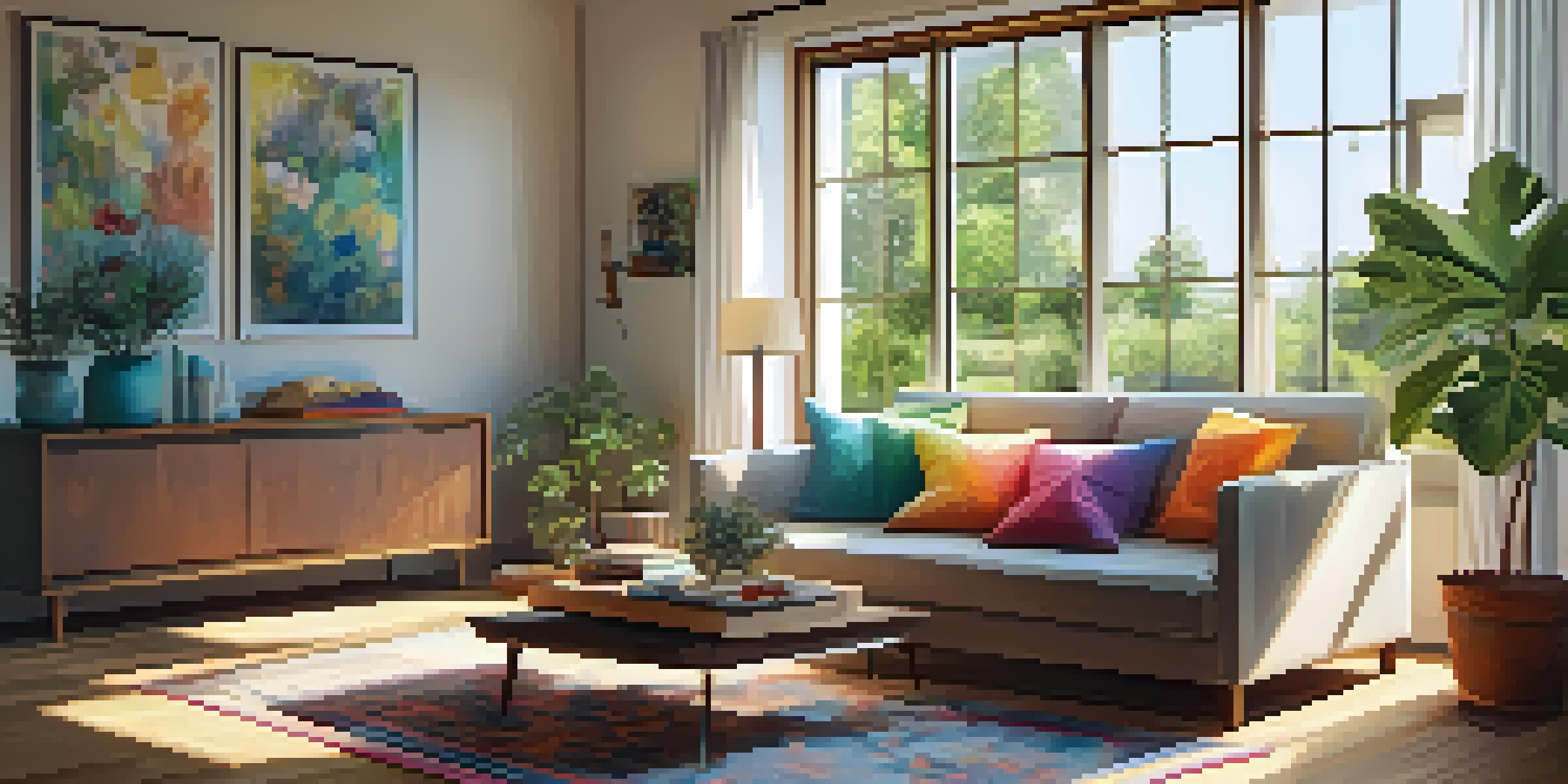 A cozy living room with a large window, comfortable sofa, wooden coffee table, and warm afternoon sunlight.