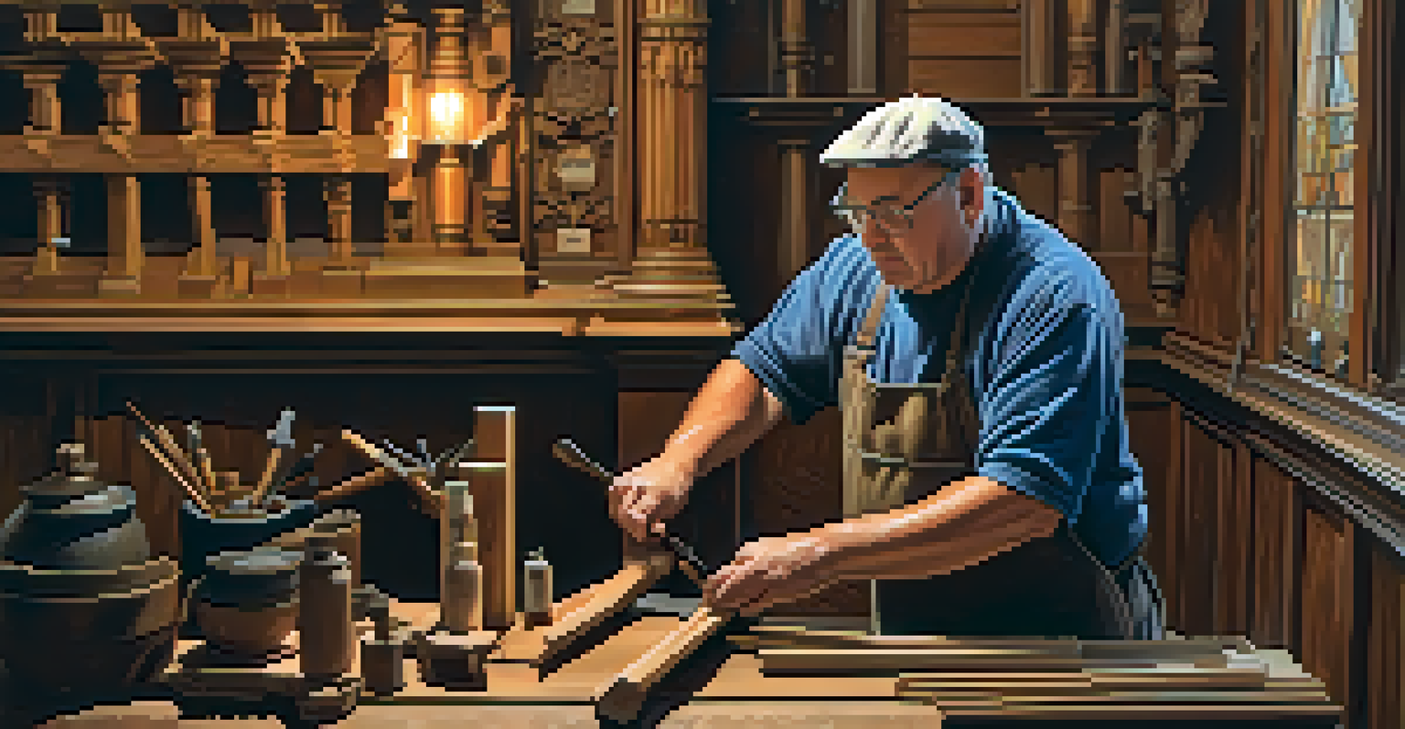 An artisan restoring original woodwork in a historic building, surrounded by materials and tools.