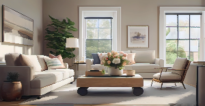A warm and inviting living room with soft neutral colors, a comfortable sofa, and natural light coming through a large window.
