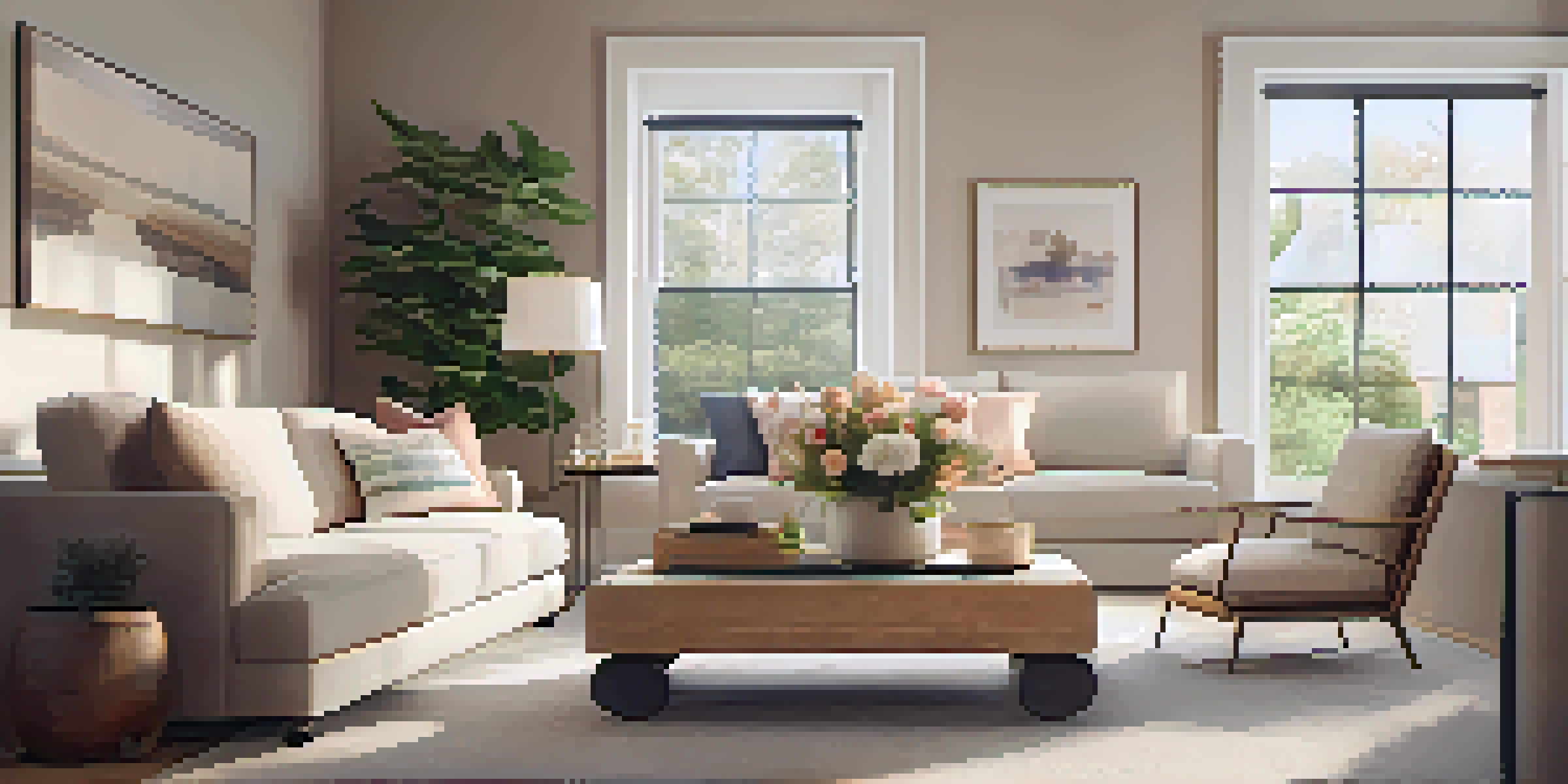 A warm and inviting living room with soft neutral colors, a comfortable sofa, and natural light coming through a large window.
