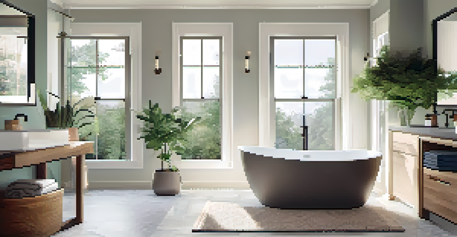 A serene bathroom featuring a freestanding tub, modern fixtures, and a stylish vanity, with natural light illuminating the space.
