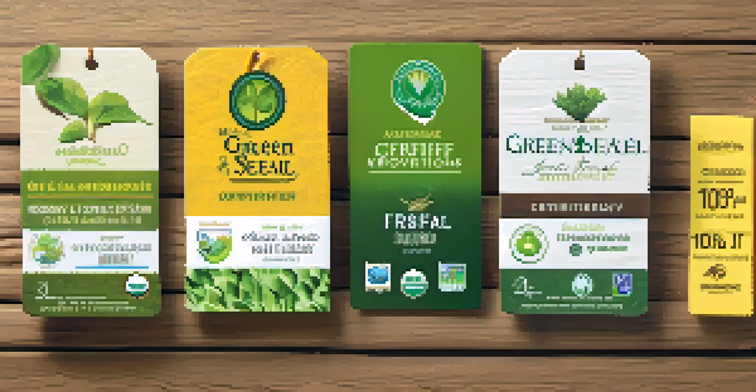 Close-up of eco-friendly adhesive labels showing certifications on a wooden surface.