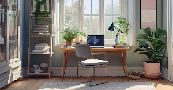 A cozy home office with a wooden desk, laptop, houseplants, and a large window with natural light.