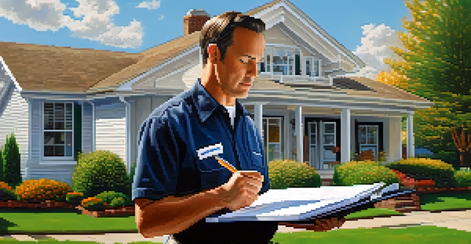 An inspector conducting a home inspection, examining the roof of a house with a clipboard in hand, set in a sunny suburban neighborhood.