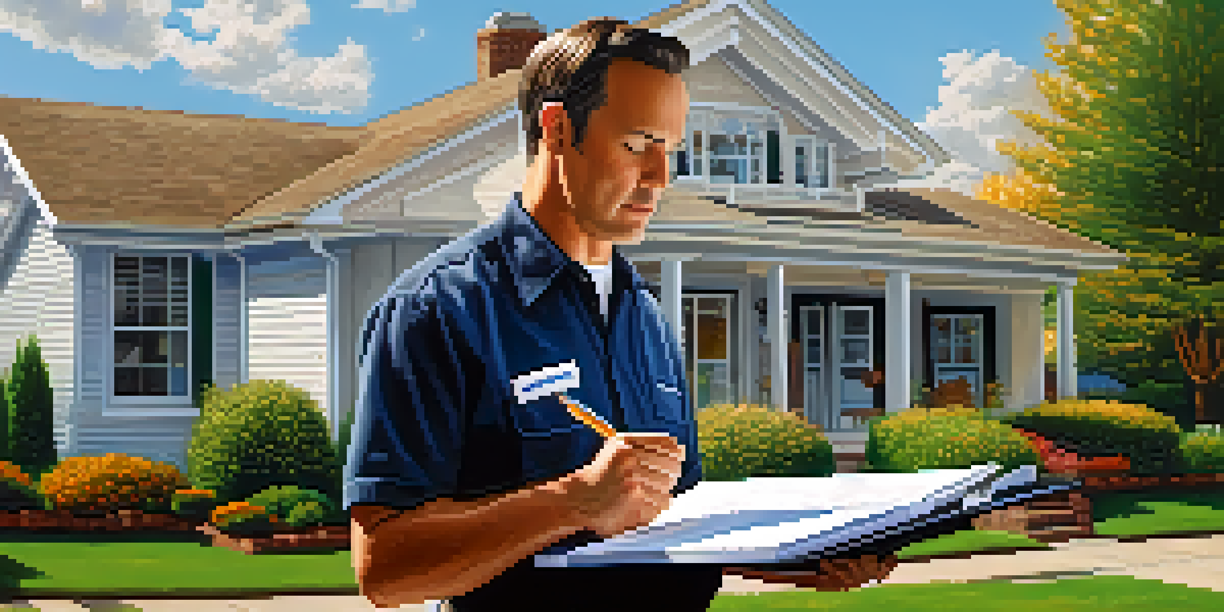 An inspector conducting a home inspection, examining the roof of a house with a clipboard in hand, set in a sunny suburban neighborhood.