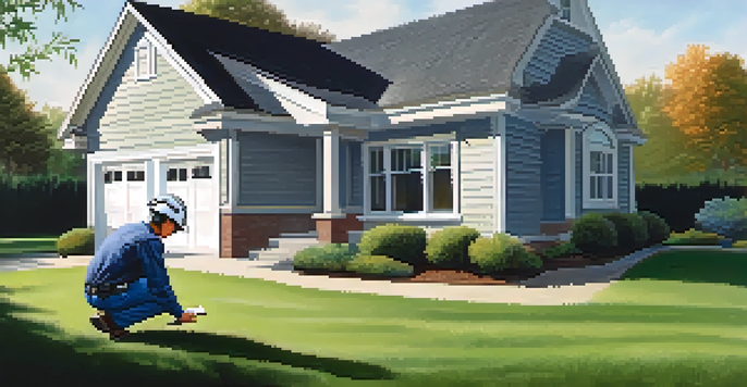 A home inspector on his knees examining a house's foundation in a well-lit, grassy area, surrounded by tools and a suburban home.