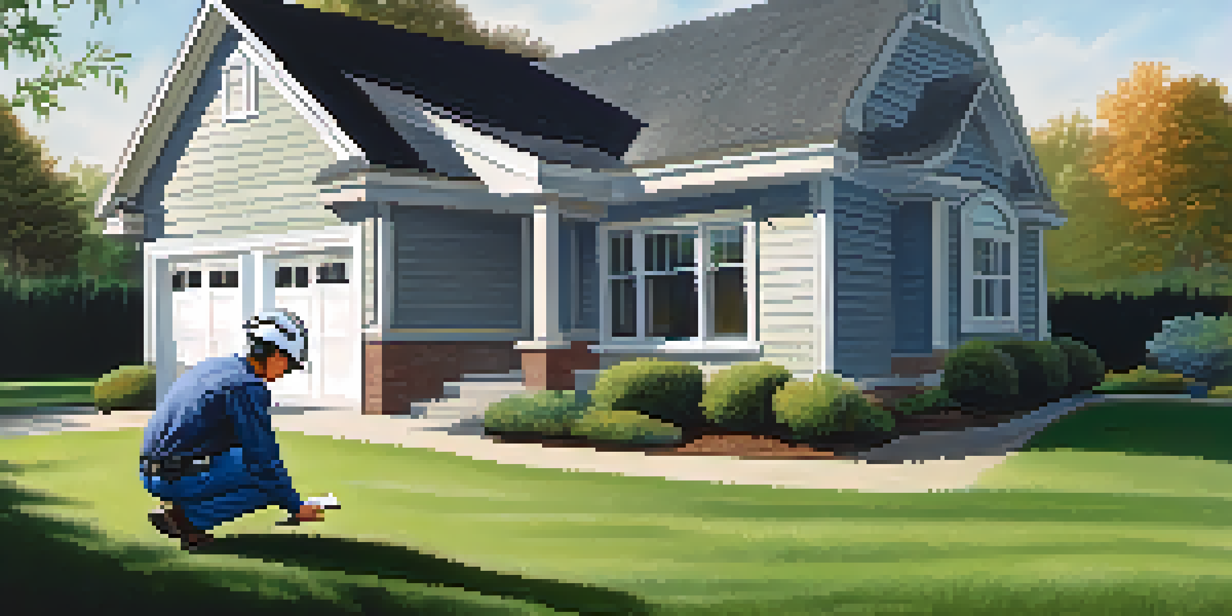 A home inspector on his knees examining a house's foundation in a well-lit, grassy area, surrounded by tools and a suburban home.