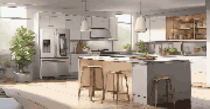 A modern urban kitchen with smart appliances, including a refrigerator and oven, highlighted by warm natural light and minimalist decor.