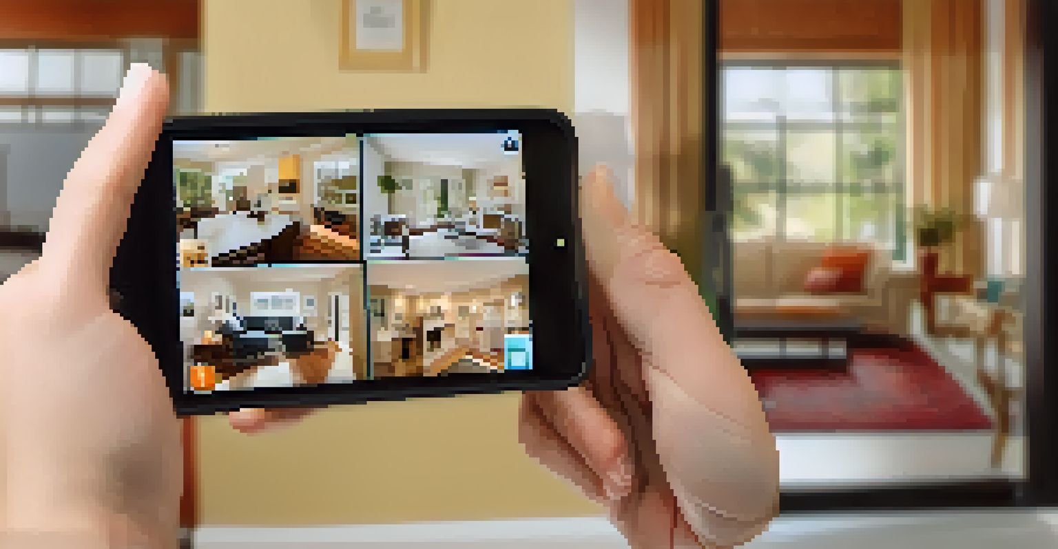 A close-up of a hand holding a smartphone displaying live footage from a home security system, emphasizing the connection and control.