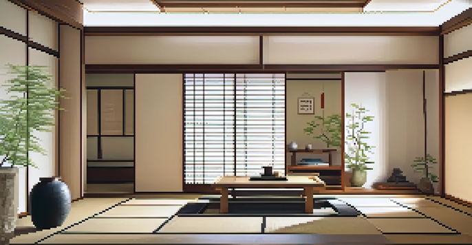 A tranquil Japanese-inspired interior with sliding doors and tatami mats, illuminated by natural light.