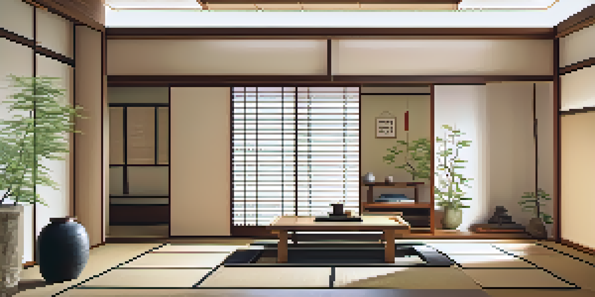 A tranquil Japanese-inspired interior with sliding doors and tatami mats, illuminated by natural light.