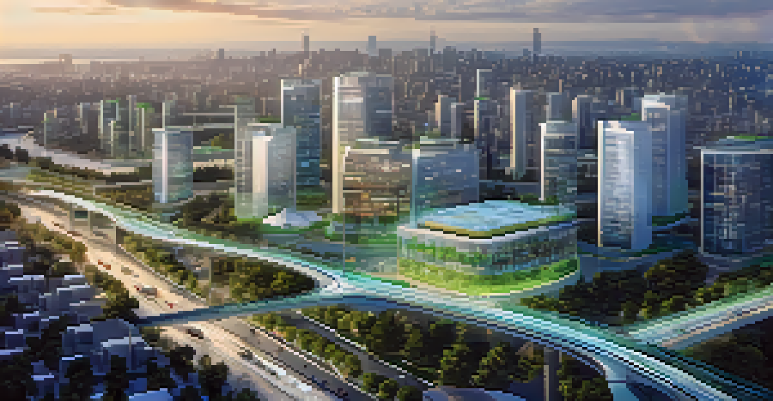 An aerial view of a smart city with solar panels, green spaces, and smart traffic systems.