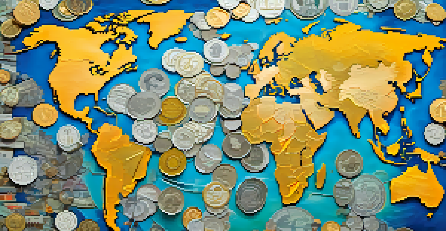 A collage of global currencies and financial graphs on a world map, representing interconnected global markets.