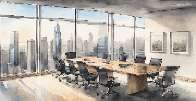 A modern office with a conference table and city skyline view, featuring a digital screen about real estate investments.