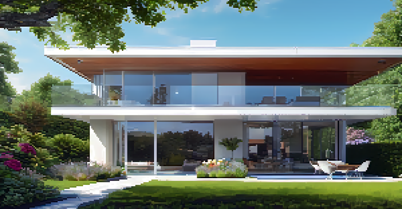 A modern home with solar panels and energy-efficient windows, surrounded by a beautiful garden.