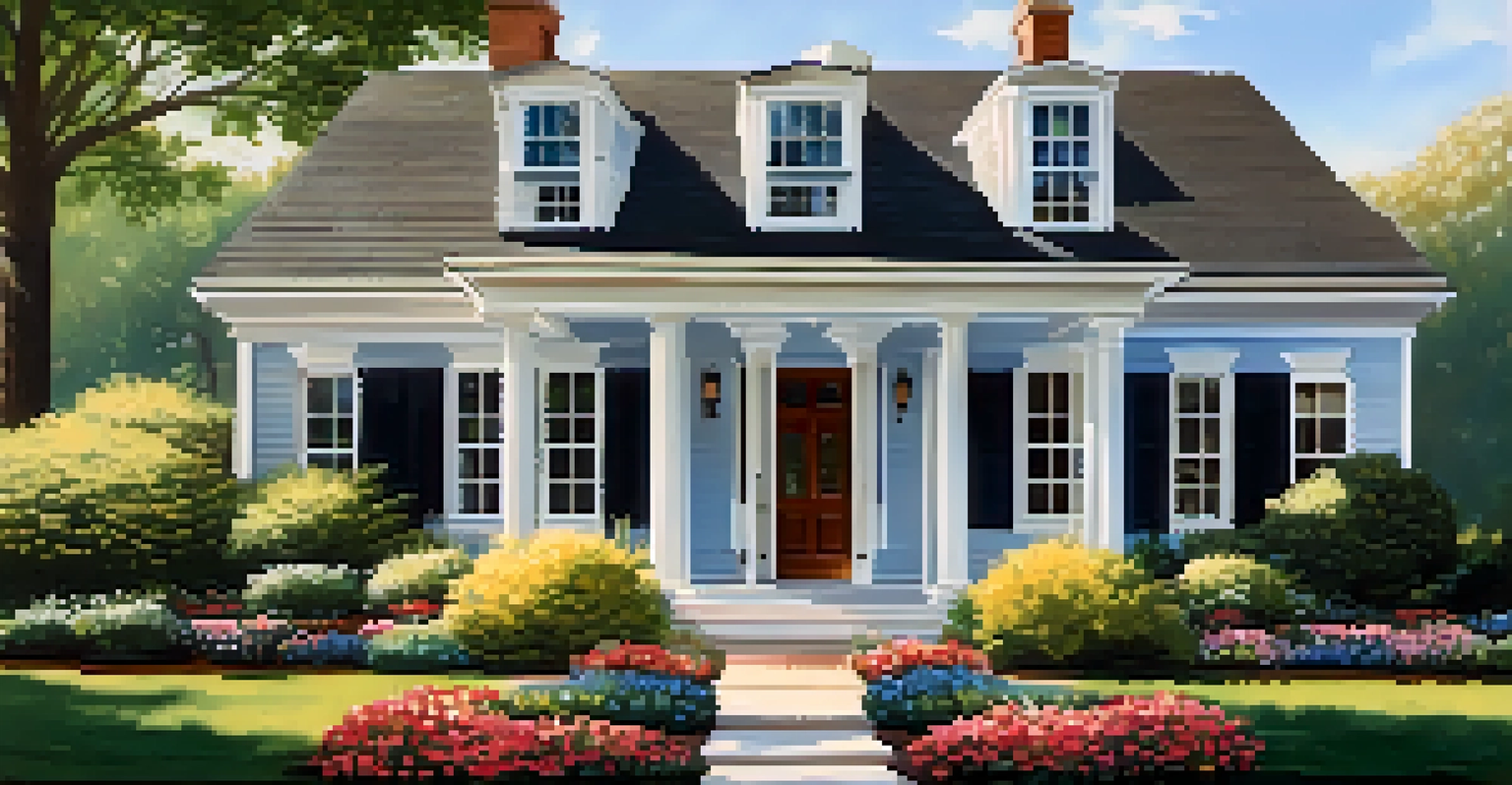 An exterior view of a well-maintained home surrounded by a vibrant garden, with freshly painted shutters and a clear blue sky.